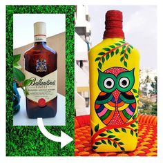 a bottle with an owl painted on it next to a photo of the same bottle