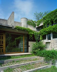 an exterior view of a house with stone steps and green plants growing on the side