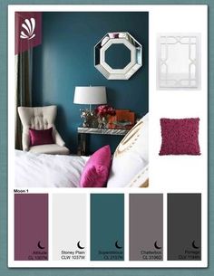 a bedroom with blue walls and purple pillows on the bed, along with other color combinations