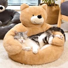 a cat sleeping in a teddy bear shaped bed with a stuffed animal beside it on the floor