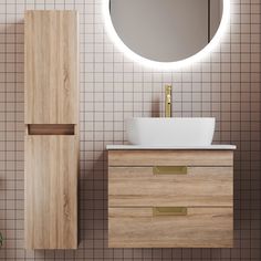 a bathroom with a sink, mirror and wooden cabinet in front of a tiled wall