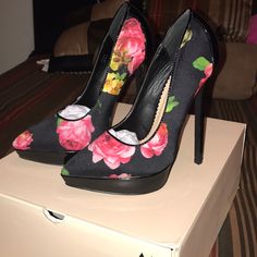 Beautiful Black Floral Heels Only Worn In House And Too Tight Size 5.5 New In A Box Shoedazzle Shoes, Very High Heels, Floral Heels, Shoe Dazzle, Beautiful Shoes, In A Box, Black Heels, A Box, Black Floral