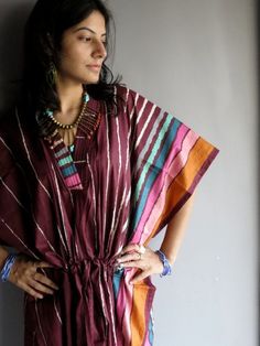 "I made this Kaftan from a beautiful Burgundy with a lovely border 100% mulmul cotton. But I have the same fabric available in many other colors so during checkout just choose the color you want this robe in. The color swatches are shown in the last pic. If you want the same one as pictured, just select the \"Same as Picture\" option in the \"colors\" variation during checkout. Mulmul is a very fine variety of cotton which is extremely soft and it gets softer with every wash. It is so free flowi Bohemian Purple Kaftan For Festive Occasions, Purple Bohemian Kaftan For Festive Occasions, Purple Bohemian Festive Kaftan, Red Kaftan For Beach Festivals, Red Kaftan For Beach And Festival Wear, Multicolor Summer Festive Kaftan, Color Swatches, Long Dress, Valentines Day