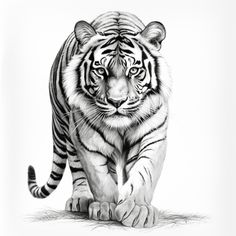 a pencil drawing of a tiger walking on the ground with its front paws in the air