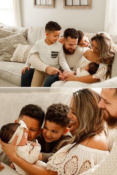 a family sitting on a couch together and smiling at each other with their baby boy