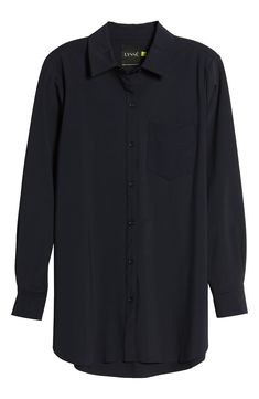 This long button-down is super easy to wear and pair, with its classic menswear silhouette and comfortable stretch fabric. Front button closure Spread collar Long sleeves with button cuffs Chest patch pocket Back yoke Curved raw edge hem 75% nylon, 25% elastane Machine wash, line dry Imported Hosiery Navy Color Palette, Classic Menswear, Navy Outfit, Best Outfits, Women's Skirts, Raw Edge, Hosiery, Color Combinations, Super Easy