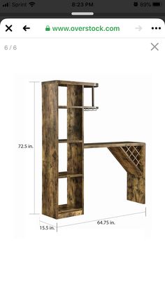 an image of a wooden desk with shelves on the side and measurements for each shelf