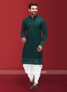 Bottle Green Mens Kurta, Tilak Dress For Men, Green Kurta Men Weddings, Mehendi Kurta For Men, Mens Kurta Designs Style Indian Weddings, Bottle Green Kurta For Men, Green Kurta Men, Mirror Work Kurta For Men, Western Dress For Men