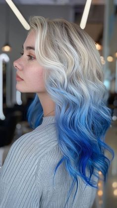 Unique Light Hair Color Ideas, Hair Color Ideas Ombre Blonde, Blue Reverse Ombre Hair, Hair Ideas To Dye Your Hair, Coloured Blonde Hair, Hair Dye Colors For Blonde Hair, Hair Colours For Blondes, Blonde To Blue Ombre Hair, Blonde And Blue Hair Ombre Short