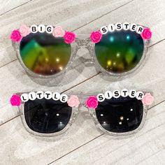 "The perfect sunglasses for a sweet big or little sister. These sunglasses fit children up to age 10. If you would prefer decals other than the hot pink and light pink flowers please leave in notes. *This listing is for 1 pair of sunglasses. Please select the style you would like If you prefer something other than \"big sister\" or \"Little Sister\" please leave name(s) or words that you would like in the notes." Decorated Sunglasses, Sunglasses Fit, Sibling Announcement, Birthday Girl T Shirt, Big Sister Gifts, Friendship Bracelets Designs, Custom Sunglasses, Light Pink Flowers