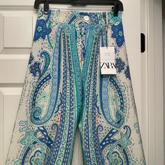 Zara Palazzo Pant! New Never Been Worn. Blue Wide Leg Pants For Spring, Zara Blue Bottoms For Spring, Blue Wide-leg Summer Jeans, Printed Blue Wide Leg Pants For Spring, Blue Printed Wide Leg Pants For Spring, Blue High Waist Printed Bottoms, Blue Printed Pants For Spring, Zara Blue Wide Leg Pants For Spring, Spring Blue Printed Wide Leg Pants