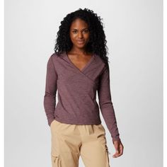 An everyday long-sleeve shirt that’s anything but basic, featuring comfort-stretch fabric, built-in sun protection, and sweat-wicking tech to keep you feeling fresh. Heather Maroon Long Sleeve Top For Fall, Heather Athleisure Top For Fall, Athleisure V-neck Tops For Fall, Fall V-neck Athleisure Tops, Versatile Fall Outdoor Tops, Heather Stretch Long Sleeve Top, Heather Long Sleeve Stretch Top, Sporty Heather Tops For Fall, Casual Long Sleeve Heather Maroon Top