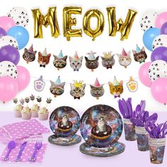 PRICES MAY VARY. Cat Birthday Decorations: Celebrate in style with a cat theme party! It comes complete with meow cat face banner kit and balloons. The pink, light purple, light blue and paws print balloons which will be a perfect finishing touch to the party. Package includes: 30 x 12'' latex balloons- 6 light purple, 6 light blue, 6 pink, 12 paw print balloons; 1 x cat face birthday banner, 1x meow letter balloons, 24 x cat cupcake toppers; 16 x 7in dessert plates, 16 x 9in dinner plates, 16 x Balloons Birthday Decorations, Cat Party Decorations, Cat Themed Parties, Cat Themed Birthday Party, Kitten Party, Cute Birthday Ideas, Birthday Plate, Cat Birthday Party, Balloons Birthday