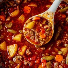 a ladle full of stew with potatoes, carrots and ground beef in it