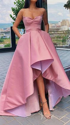 Simple high low satin prom dresses with pockets. #promdresseslong #prom #eveningdresses #eveninggowns #formaleveningdresses #militaryballgown #promdresses #promdresseslong Cheap Prom Dresses Online, High Low Prom Dress, Pink Evening Dress, Prom Dresses With Pockets, Formal Dresses Short, Prom Dresses Online, Grad Dresses, Pink Prom Dresses, Satin Prom Dress