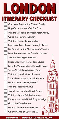 the london itinerary checklist is shown in red and white with an image of big ben