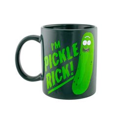 a black and green mug with the words i'm pickle rick on it