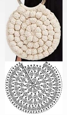 a crocheted bag with an intricate design on the front and side, in black and white