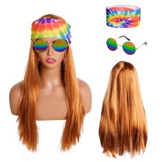 PRICES MAY VARY. Long Blond Wig:This blond wig is made of PET,which is soft and smooth to touch,equipped with hair net, can be worn directly. Flexible and suitable for most adults head circumference. Rainbow Color Match:Tie dye headbands and glasses are in a rainbow color scheme, suitable for hippie style.The sunglasses are made of metal,the lenses feature a rainbow round mirror design. The headband is made of soft fabric, comfortable and breathable to wear. Various Application:The 60s 70s hippi Hippy Outfits Halloween, 70s Hippie Outfits, Tie Dye Headband, Rainbow Sunglasses, Bandana Tie, Long Blond, 70s Hippie, Hippie Costume, Cosplay Accessories