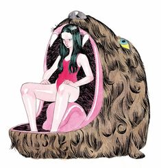 a drawing of a woman sitting in a furry chair