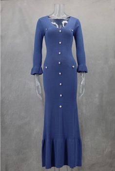 This dress features medium stretch and flare sleeves, made from a durable polyester fabric. Its solid pattern and slim fit create a pleated silhouette, while the v-neckline and button decorations add a touch of elegance. The ankle-length design and material make it suitable for all seasons, and it is designed for middle-aged women, originating from Mainland China, Guangdong. Fitted V-neck Midi Dress With Button Cuffs, Elegant Stretch Dresses With Button Closure, Backless Evening Dress, Long Knitted Dress, Flare Sleeve Dress, Vintage Flare, Knitted Bodycon Dress, Bodycon Maxi Dresses, Long Summer Dresses