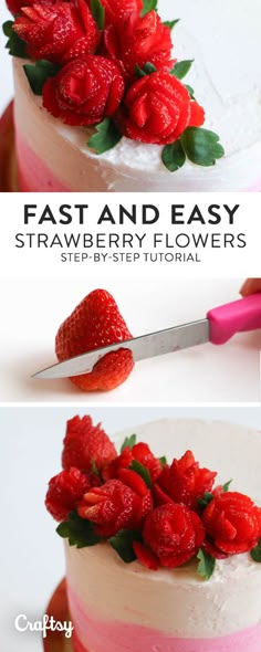 a strawberry cake with white frosting and fresh strawberries on top is shown in three different views