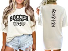 Celebrate your favorite soccer players with our custom soccer mama shirt, personalized with the players names on back. With short sleeves and a classic crewneck, this shirt makes the perfect gift for the soccer mom or mama who loves to show her support on game day at the soccer fields, making her feel like a varsity soccer super fan. COMFORT COLORS 1717 SHIRT: Unisex 100% US cotton - ethically grown and harvested Pre-Shrunk Fabric Relaxed Fit - Size up for a trendy oversized look Seamless Sides Soccer Mom Sweater Ideas, Soccer Mom Era Shirt, Soccer Mama Shirt, Personalized White Sporty T-shirt, Soccer Parent Shirts, Personalized Sporty T-shirt For Sports, Sporty Personalized T-shirt For Sports, Personalized Crew Neck Sports Top, Personalized Sporty Tops For Sports