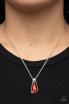 An asymmetrical red gem is pressed into a shiny silver frame dusted in glassy white rhinestones, resulting in a refined pendant at the bottom of a dainty silver chain. Features an adjustable clasp closure.

 Sold as one individual necklace. Includes one pair of matching earrings. Paparazzi Jewelry Images, Happy Jewelry, Silver Chain Earrings, Black Gems, Red Necklace, Paparazzi Accessories, White Rhinestone, Red Rhinestone, Necklace Online