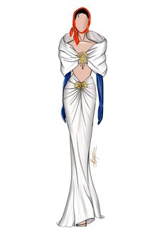 a drawing of a woman wearing a white dress with blue sash and gold accents on her chest