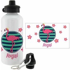 a water bottle with a pink flamingo on it