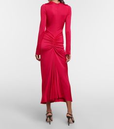 Find VICTORIA BECKHAM Gathered Jersey Midi Dress on Editorialist. Material: 96% viscose, 4% elastane. Care instructions: dry clean. Made in Portugal. Designer color name: Pink. Fitted Ruched Maxi Dress In Rayon, Fitted Ruched Maxi Dress In Viscose, Fitted Ruched Viscose Maxi Dress, Spring Bodycon Viscose Dress, Spring Viscose Bodycon Dress, Viscose Bodycon Dress For Spring, Elegant Stretch Rayon Midi Dress, Stretch Viscose Maxi Dress, Ruched Sheath Midi Dress