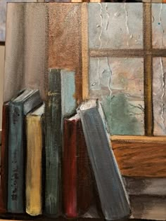 a painting of books on a shelf in front of a window