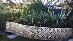 a planter filled with lots of plants next to some bushes and trees in the background