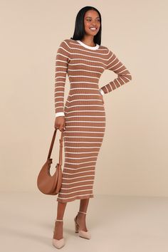 Slip on the Lulus Ever So Effortless Light Brown Striped Ribbed Midi Sweater Dress for the easiest (and cutest) OOTD! Soft and stretchy ribbed knit, with a white striped design, shapes this fall-ready dress with a crew neckline, long sleeves, and a fitted bodice. The figure-flaunting silhouette hugs your curves just right as it continues into a column midi skirt. Classic kick pleat at back completes the look. Fit: This garment fits true to size. Length: Mid-calf length. Size medium Bust: Great f Brown Ribbed Stretch Dresses, Brown Ribbed Sweater Dress For Spring, Spring Brown Ribbed Sweater Dress, Brown Ribbed Stretch Sweater Dress, Brown Stretch Ribbed Sweater Dress, Stretch Ribbed Brown Sweater Dress, Brown Ribbed Bodycon Dress, Day Out Fitted Ribbed Bodycon Dress, Fitted Ribbed Brown Dress