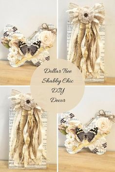 four pictures of different things made out of fabric and paper with words that say dollar tree shabby chic diy decor