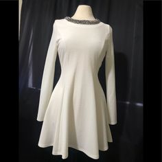 Beautiful White Guess Long Sleeve Dress With Collar Details As Shown In Pictures. 100% Polyester. Never Worn. Tags Still Attached. Let Me Know If U Need Measurements. White Long Sleeve Mini Dress For Party, Chic White Long Sleeve Party Dress, White Fit And Flare Mini Dress For Evening, Dressy White Long Sleeve Mini Dress, Elegant White Stretch Long Sleeve Dress, Elegant White Mini Length Long Sleeve Dress, White Long Sleeve Dressy Mini Dress, White Knee-length Long Sleeve Party Dress, White Chic A-line Long Sleeve Dress