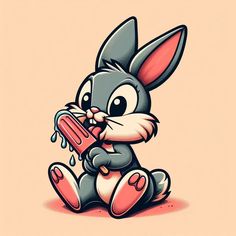 an image of a cartoon rabbit holding a piece of food in its mouth and sitting on the ground