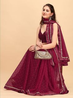 Beautiful maroon net self design mirror embroidered saree online for women which is crafted from net fabric and comes with satin blouse. Maroon Net Saree, Maroon Net Lehenga, Maroon Georgette Saree, Maroon Sequin Saree, Ruffled Saree, Maroon Saree, Saree Sale, Net Saree, Black Chevron