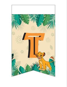 a banner with the letter t and a lion in front of palm leaves on a white background