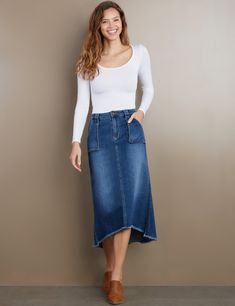 Women's Designer Patch Pocket Denim Midi Skirt in Jannis Blue Casual Dark Wash Denim Skirt With Unfinished Hem, Mid-rise Dark Wash Denim Skirt With Frayed Hem, Flared Denim Skirt Outfit, Medium Wash Relaxed Skirt With Frayed Hem, Mid-rise Relaxed Denim Skirt With Frayed Hem, Cutoff Denim Skirt With Pockets For Fall, Chic Medium Wash Denim Skirt With Frayed Hem, Denim Skirt Outfit, Flared Denim Skirt