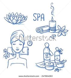 a woman's face with spa items around her and the word spa written in blue ink