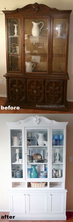 before and after pictures of an old china cabinet