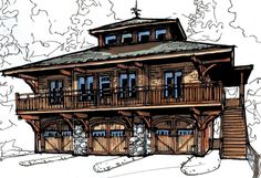 this is an artist's rendering of a cabin style house in the snow with lots of windows