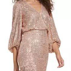 Nwt Eliza J Rose Gold Sequin Surplice Dress Length 36.5 Size 12 Perfect For Formal Wedding Or Holiday Champagne Sequin Dress, Ruffle Long Sleeve Dress, Linen Sheath Dress, Chiffon Shift Dress, Sequin Sheath Dress, Floral Dress Formal, Blue Long Sleeve Dress, Surplice Dress, Blouson Sleeve