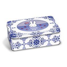 a blue and white box with a rabbit on it