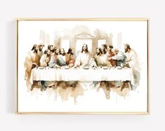 a watercolor painting of the last supper of jesus on a table with people sitting at it