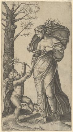 a drawing of an angel holding the hand of a child in front of a tree