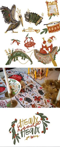 a table topped with lots of different types of christmas decorations on top of each other