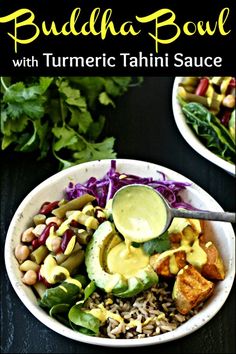 two bowls filled with different types of food and the title says buddha bowl with turmric tahiti sauce