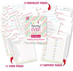 the printable baby shower planner is shown in rainbows and stripes, with instructions for each